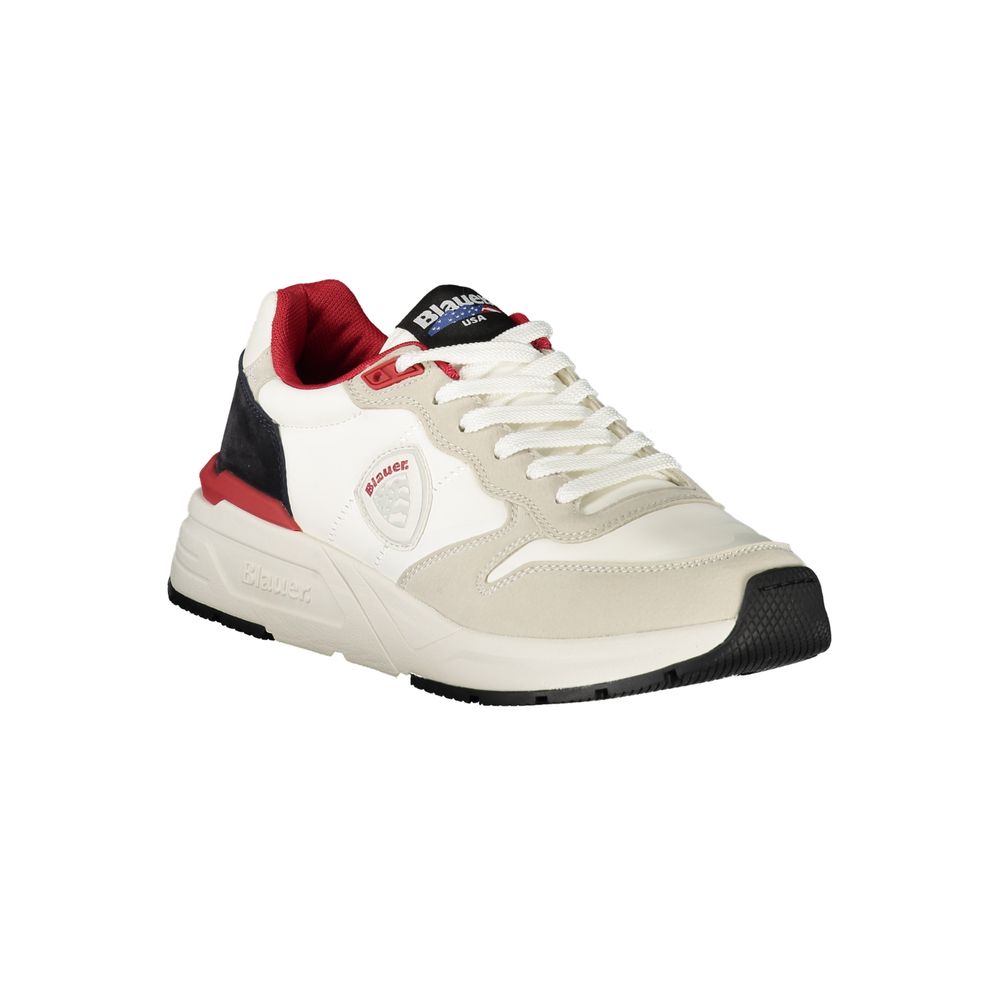 A white sneaker with red accents for men, featuring a polyurethane sole and laces