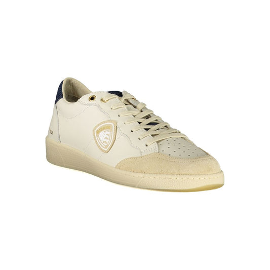 A white sneaker with blue accents and a logo on the side, featuring a lace-up design