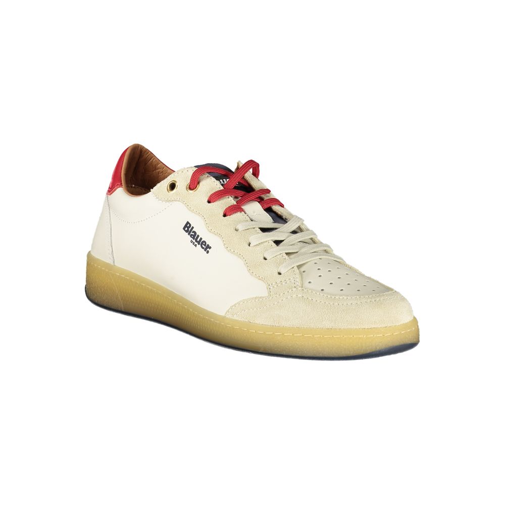 A white sneaker with red laces and a tan sole, designed for men