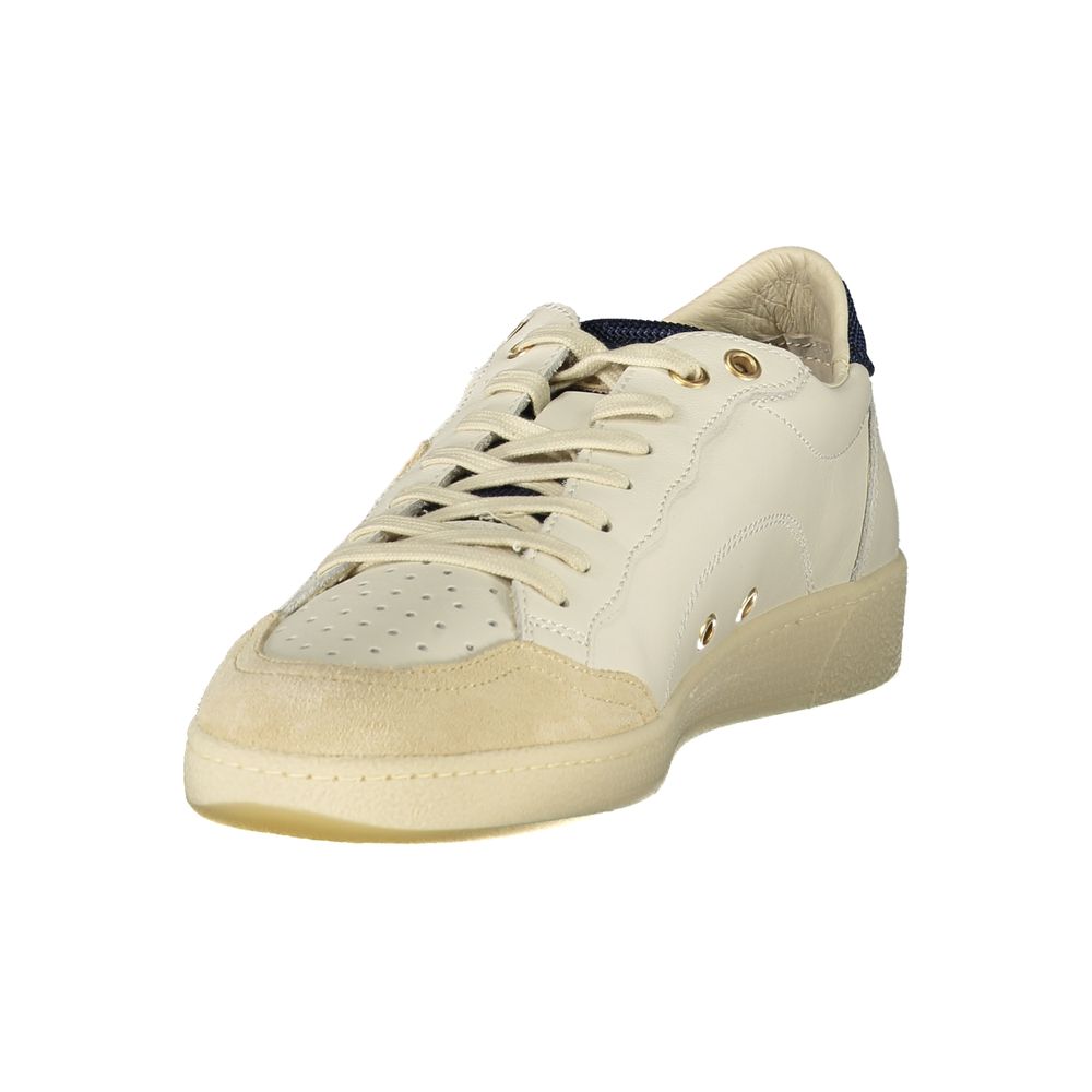 A white and blue men's sneaker with a polyurethane sole