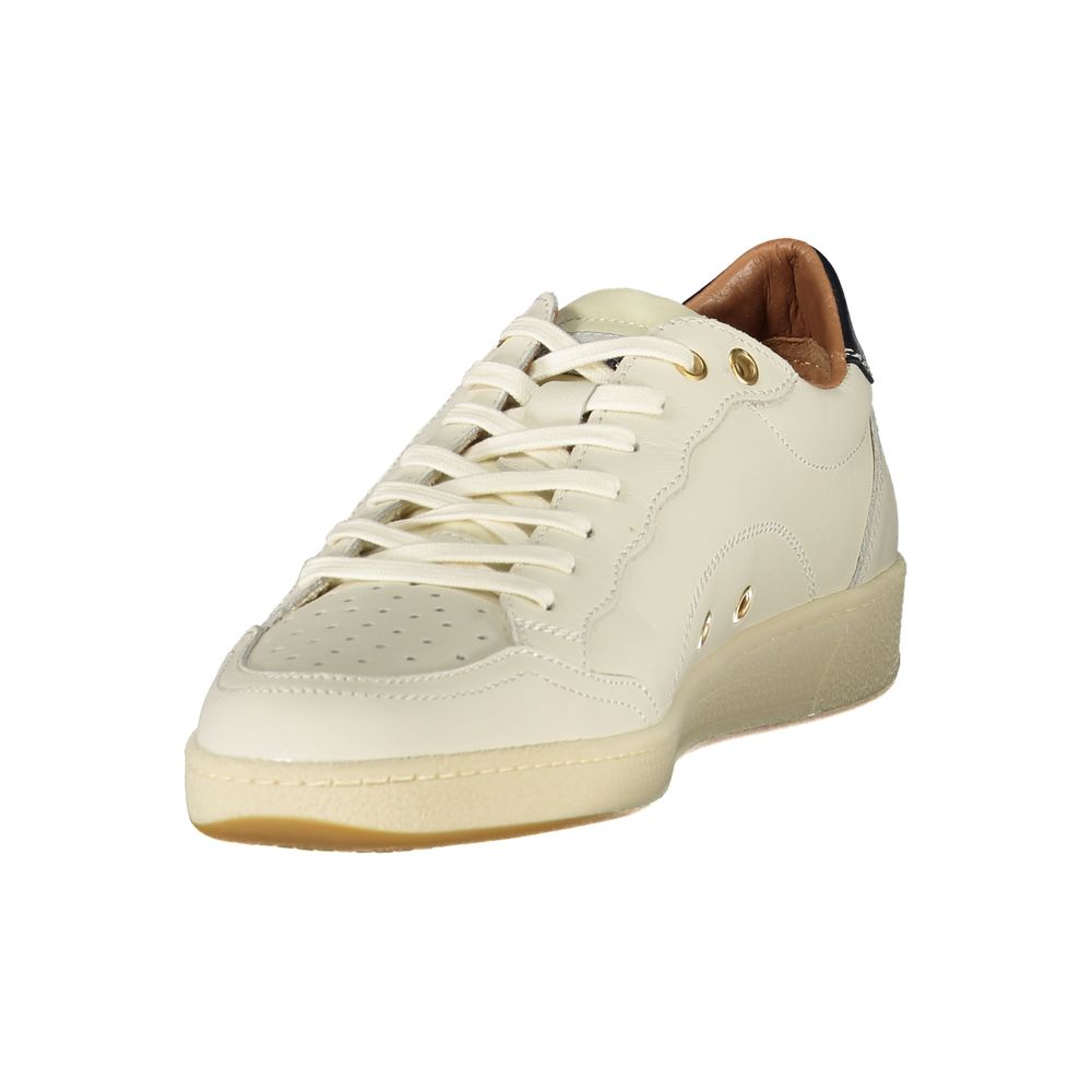 A white men's sneaker with a tan sole, featuring laces and a logo on the side