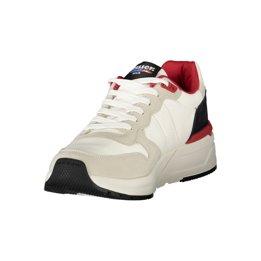A white sneaker with red accents and a black sole, featuring a polyurethane upper