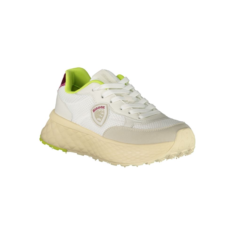 A white women's sneaker with a green sole, featuring a logo on the side and laces for closure