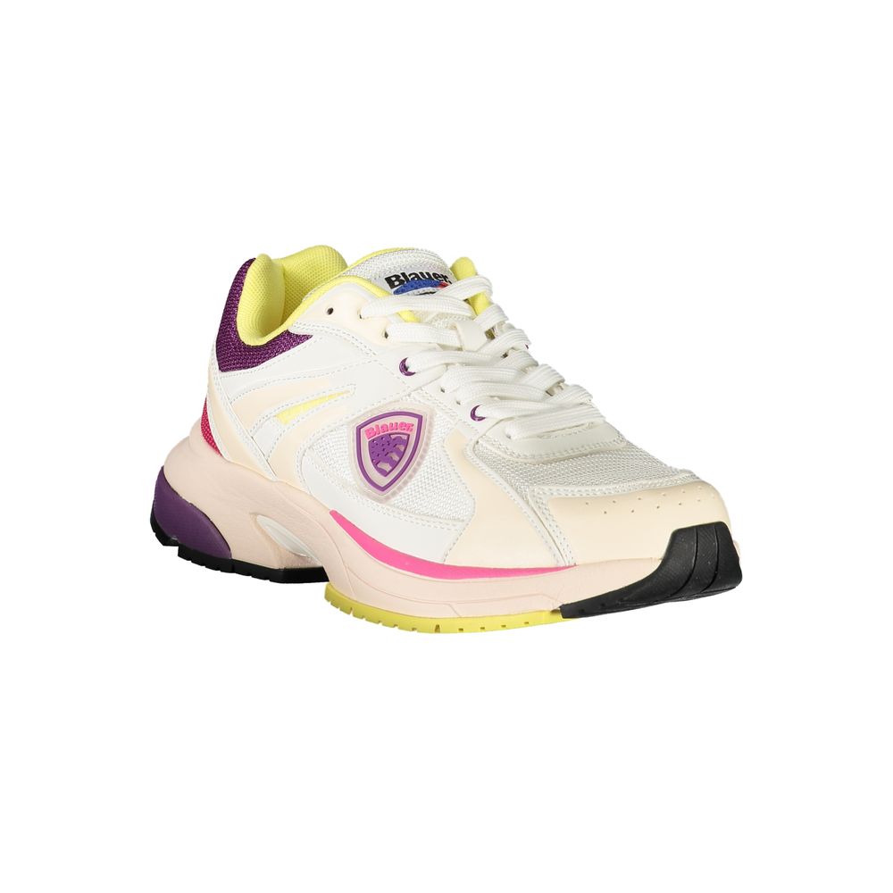 A white sneaker with purple accents for women, featuring a pink sole and a logo on the side
