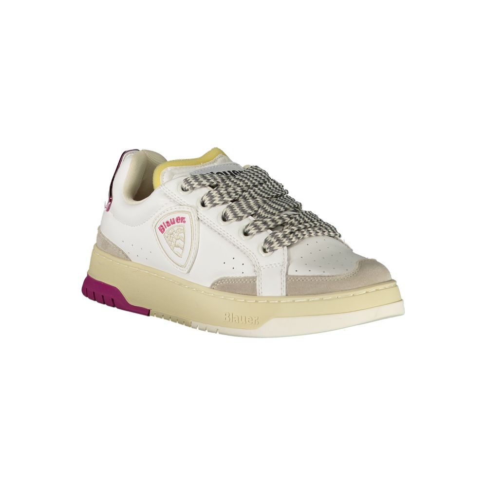 A white sneaker with a pink sole for women, featuring a textured upper and a logo on the side