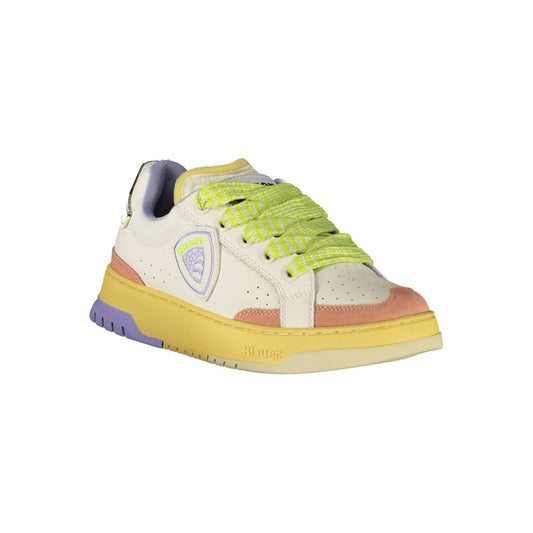 A colorful women's sneaker with a white sole, yellow laces, and blue accents
