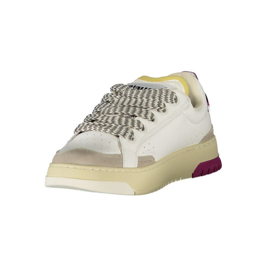 A white sneaker with a tan sole for women, featuring a lace-up front and a patterned design on the side