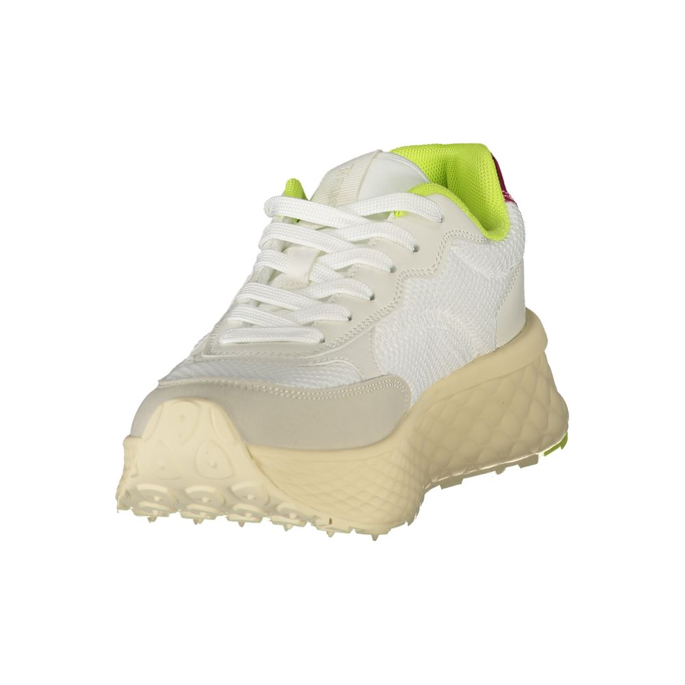 A white sneaker with yellow accents for women, featuring a polyurethane upper and a rubber sole with a textured pattern
