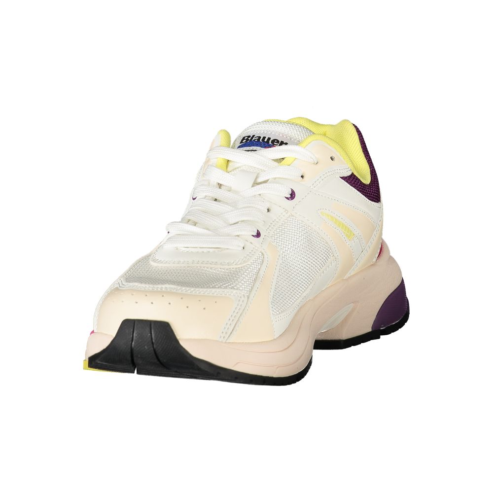A white sneaker with purple accents for women, featuring a polyurethane sole and laces