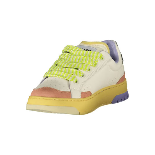A white sneaker with yellow sole and green laces, designed for women