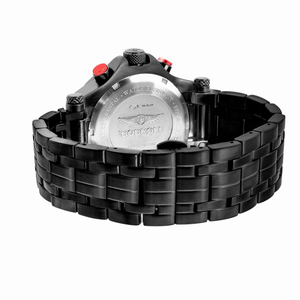 A black stainless steel watch with a red button on its side