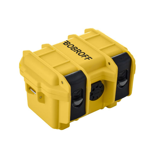 Yellow plastic case with black buttons for a silver stainless steel watch