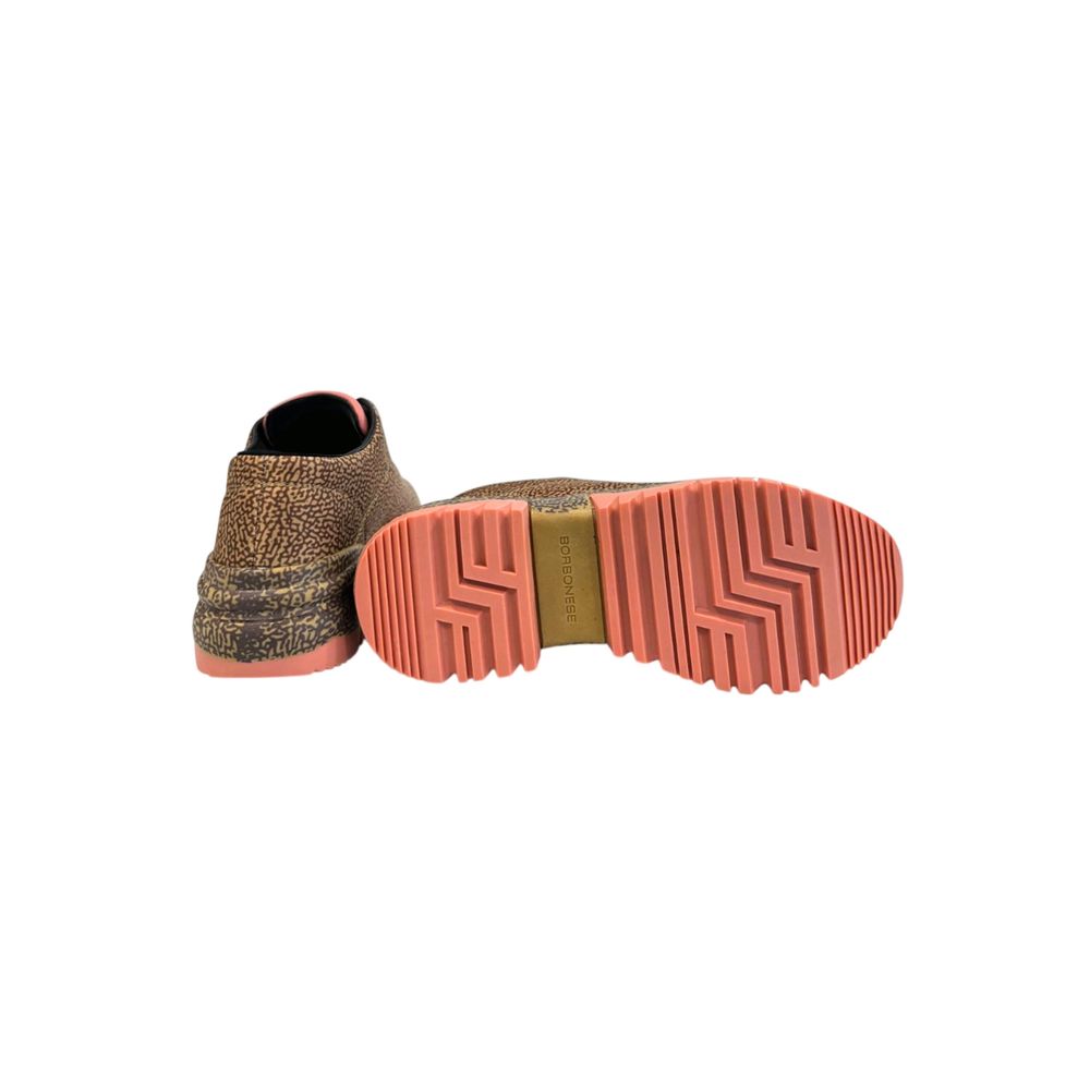 A beige leather women's sneaker with a pink sole and laces, featuring a textured design on the upper