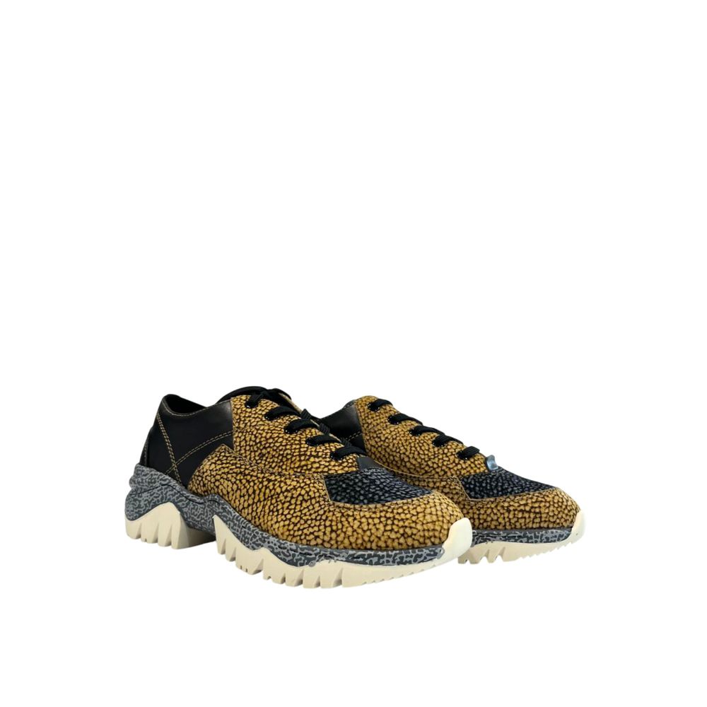 A pair of women's sneakers with a beige leather upper, featuring a textured pattern and white laces