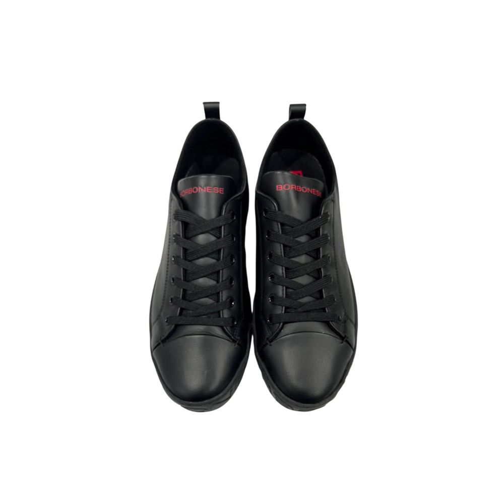 Pair of black leather men's sneakers with white laces and red logo on side