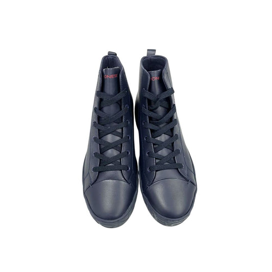 Pair of black leather sneakers with white laces, branded logo on side and tongue