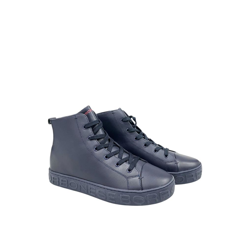 A pair of blue genuine leather men's sneakers with laces and a rubber sole