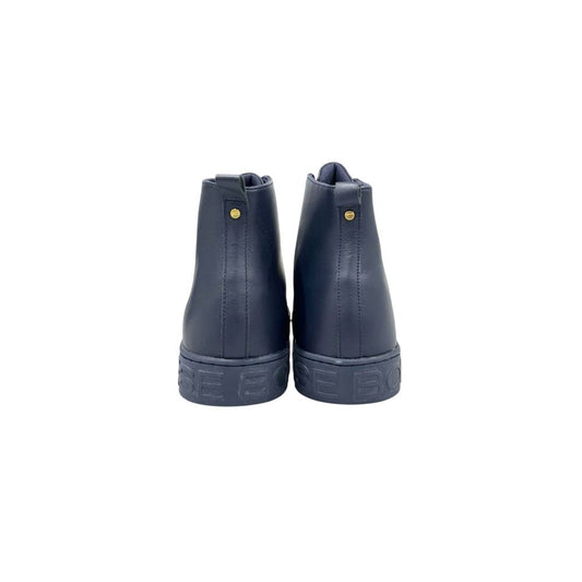 Pair of blue genuine leather men's sneakers with yellow laces and a white logo on the side