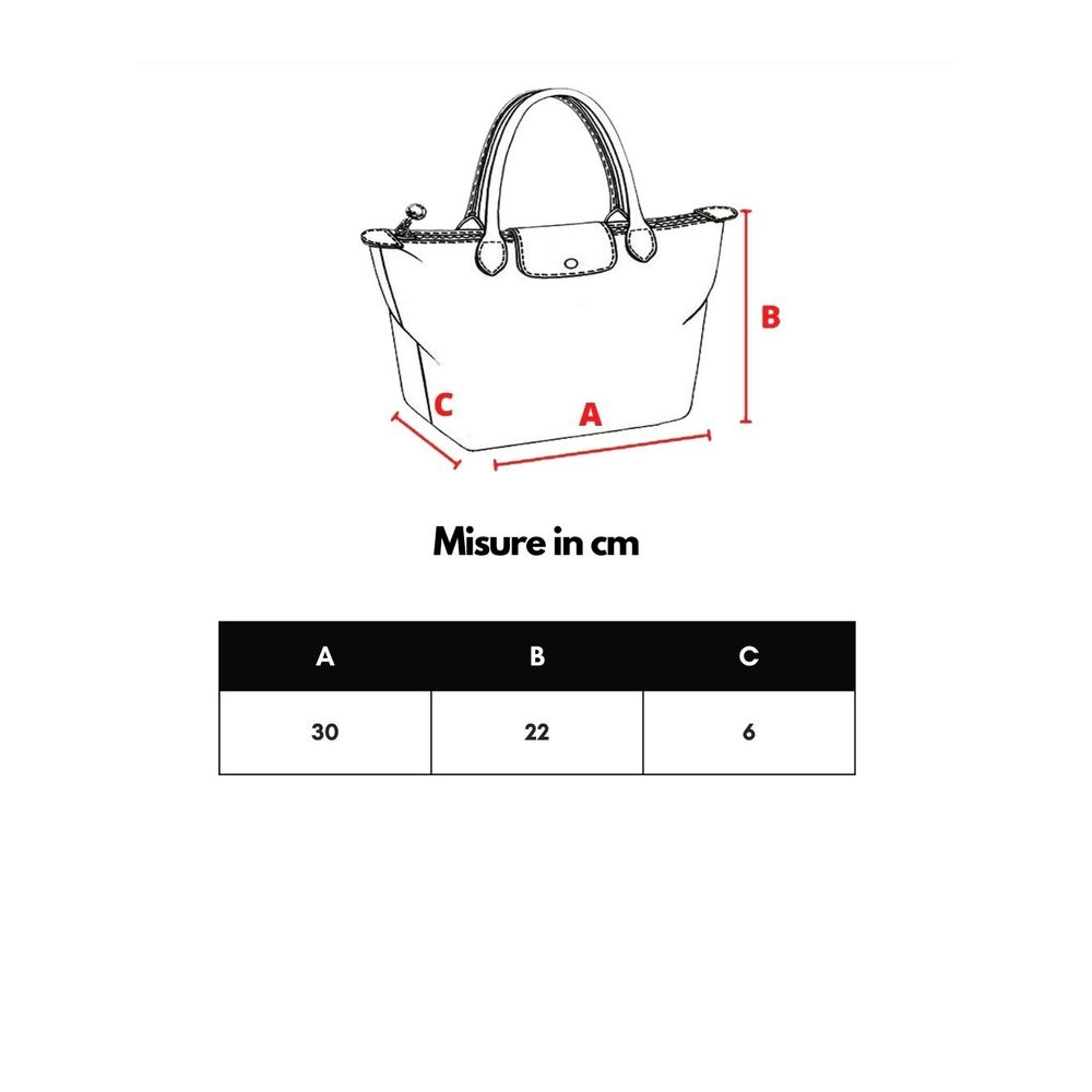 White handbag with red lines indicating dimensions