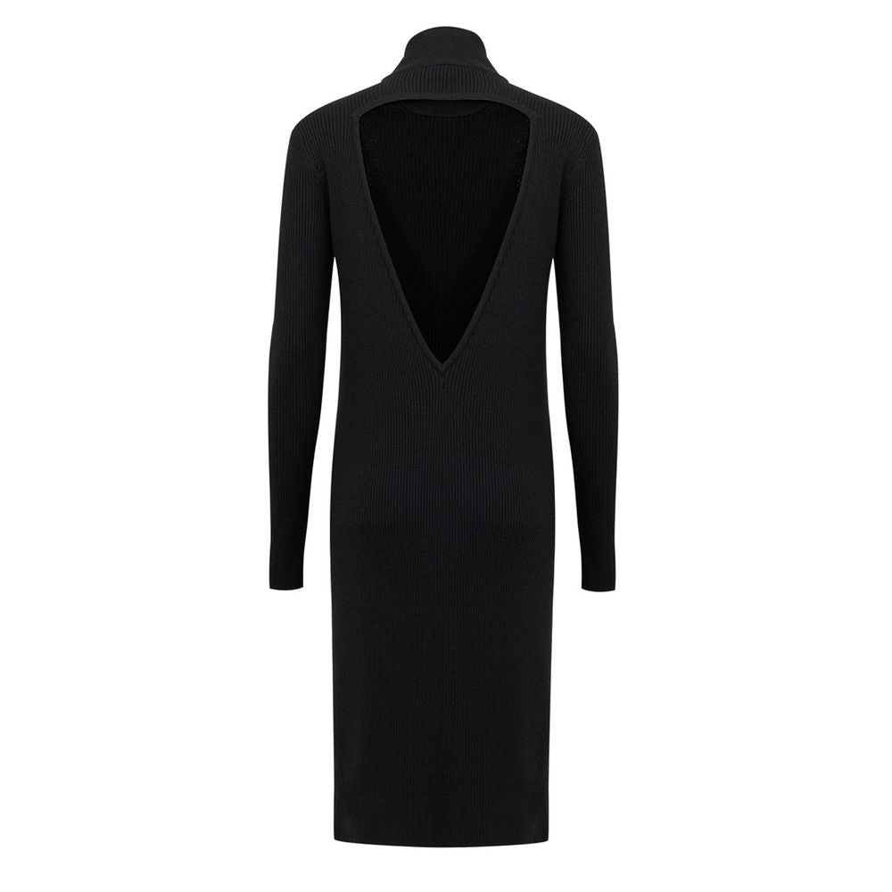 A long black wool dress with a V-neckline