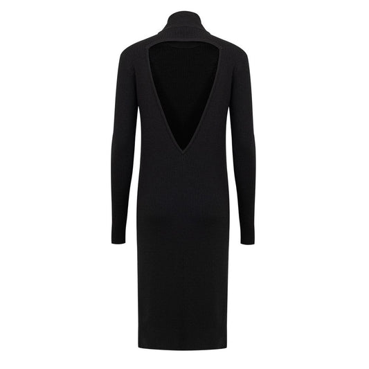 A long black wool dress with a V-neckline