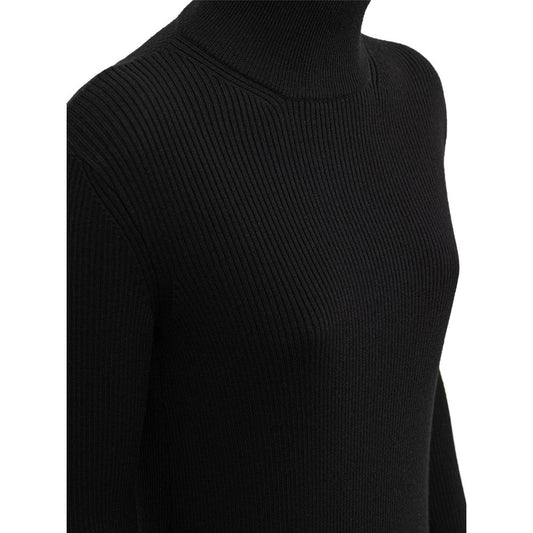 A black wool long dress with a high neckline