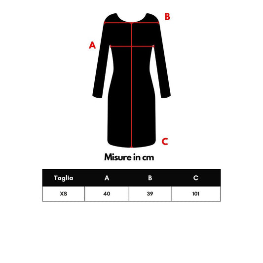 A black wool long dress with a V-neckline, short sleeves and fitted waist