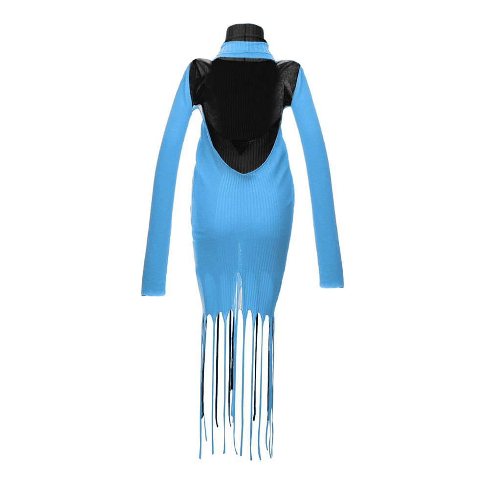 A blue cotton casual dress with a high neckline, long sleeves and fringe detailing at the bottom
