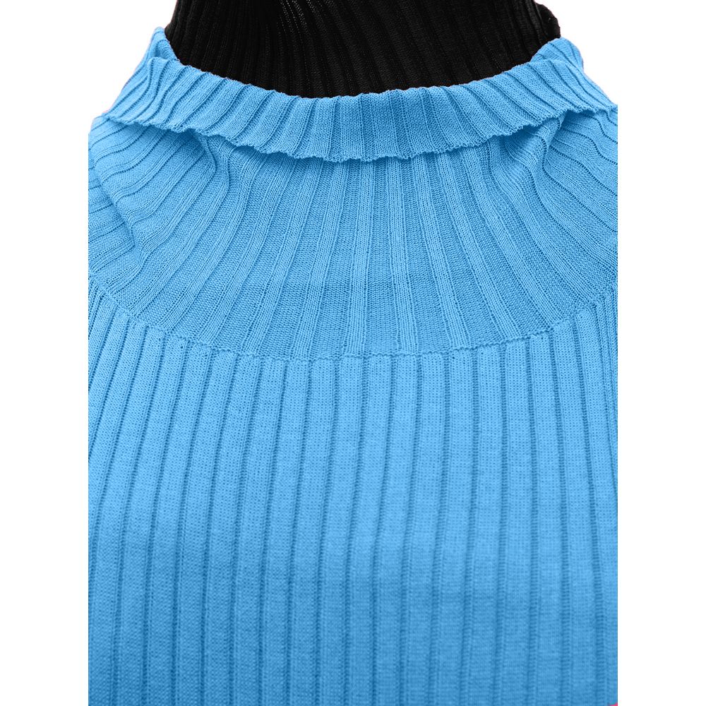 A blue cotton casual dress with a ribbed neckline