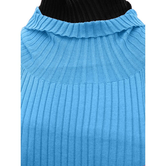 A blue cotton casual dress with a ribbed neckline