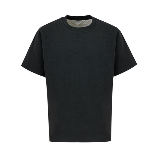 Black short sleeve t-shirt on a hanger