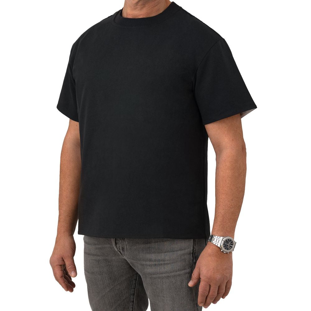 Black t-shirt on man's torso