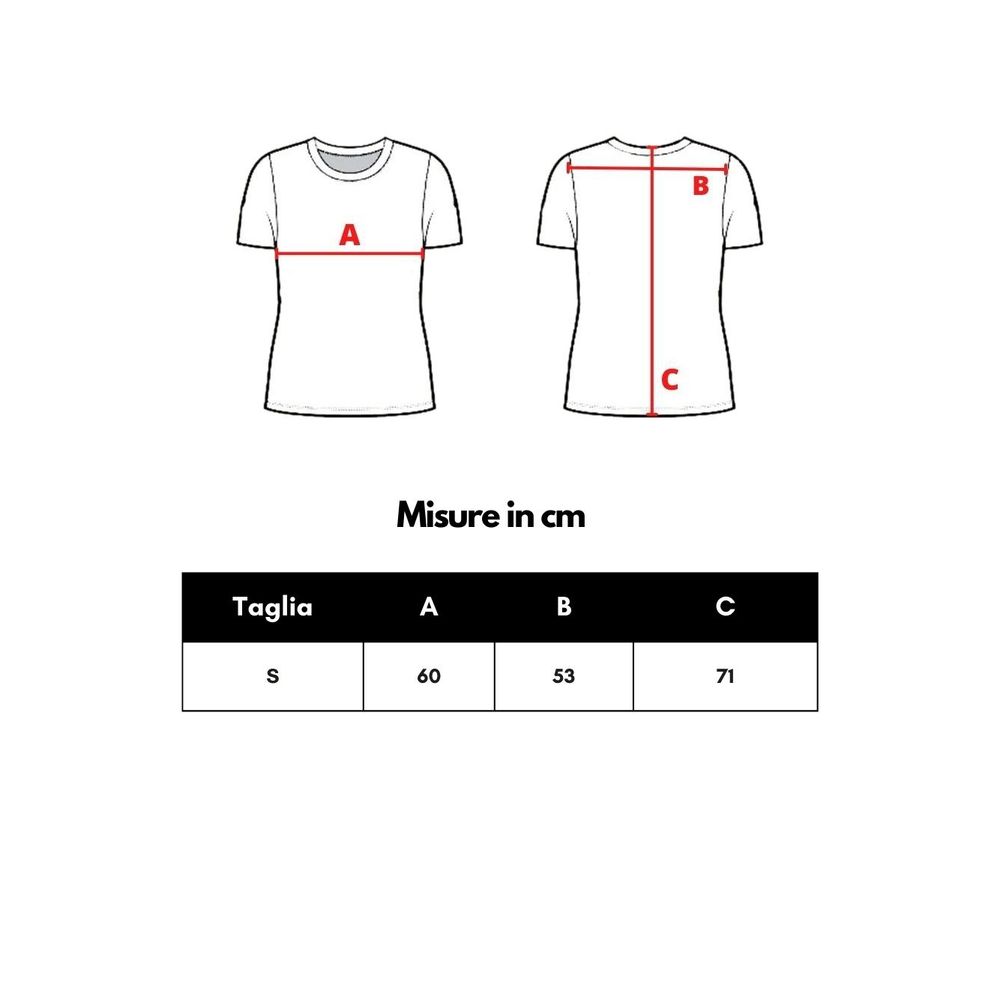 White t-shirt with red lines indicating size and cut