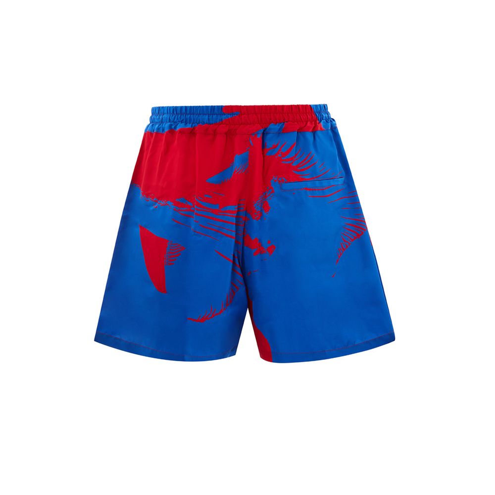 Blue shorts with red map design
