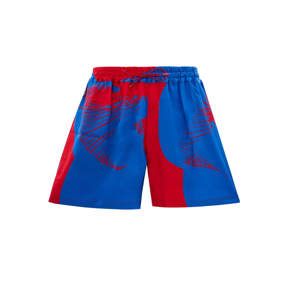 Blue swim trunks with red design on white background
