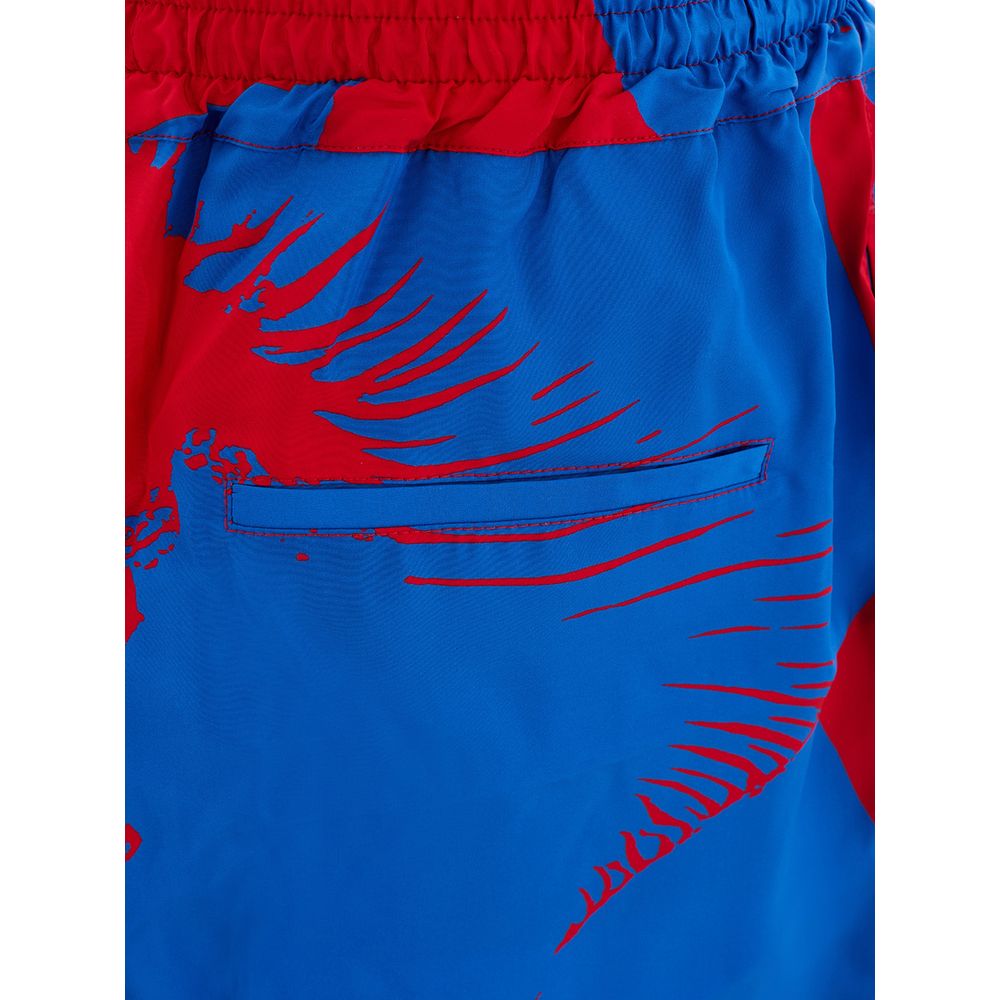 Blue swim trunks with red design on side