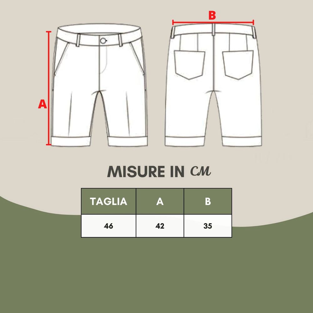 Pair of men's shorts in white, with measurements for waist, hip, and length