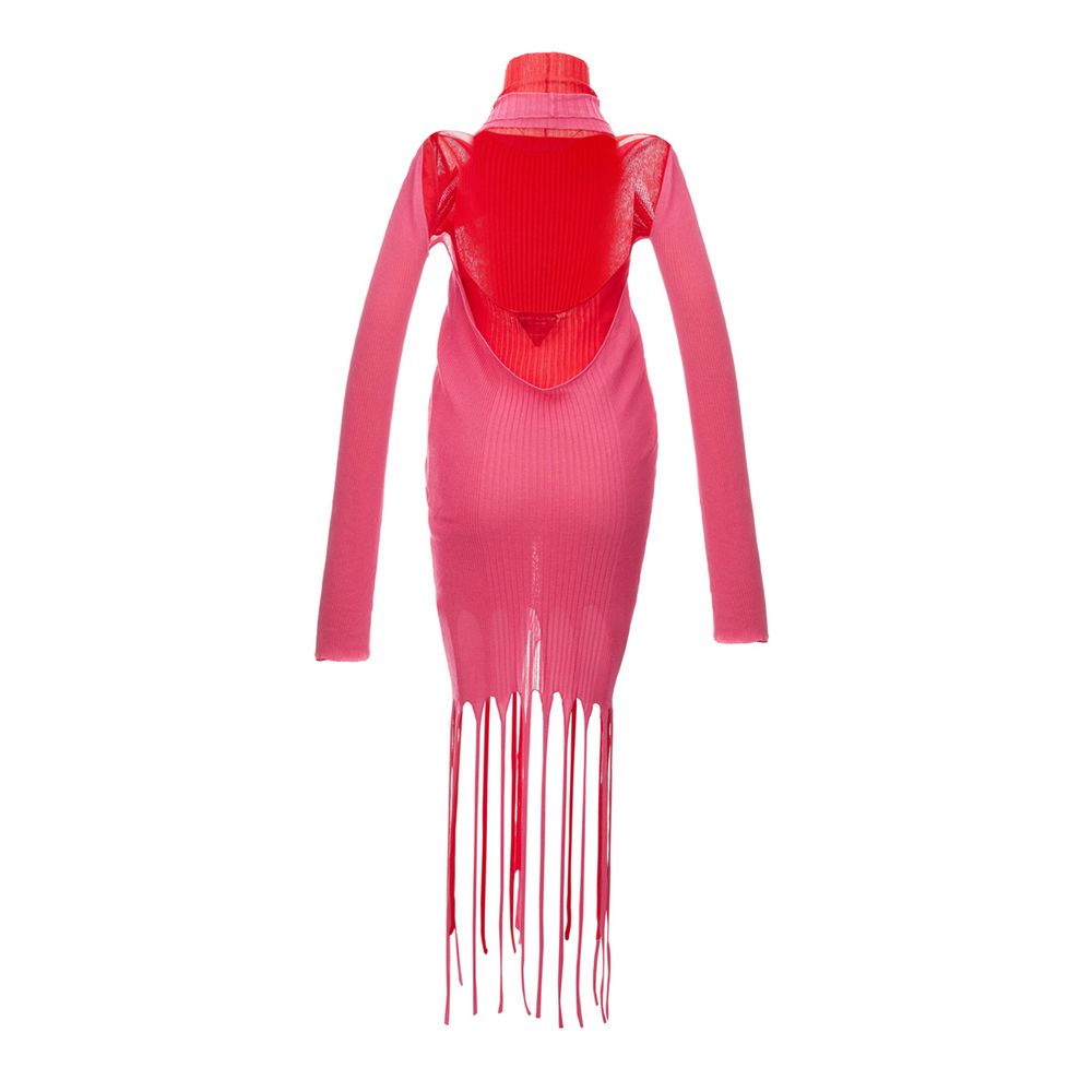 A pink cotton casual dress with long sleeves, featuring a high neckline and fringe details