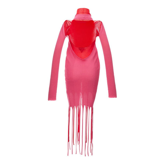 A pink cotton casual dress with long sleeves, featuring a high neckline and fringe details