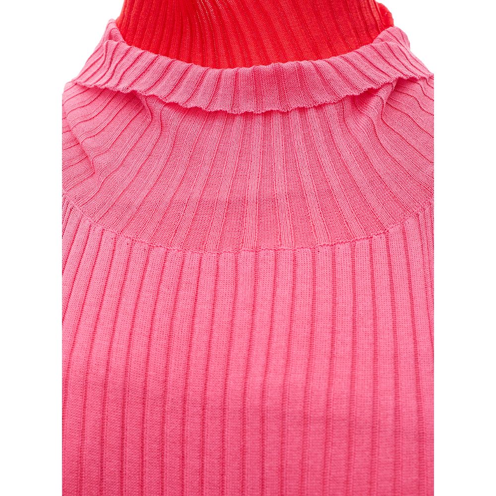 A pink cotton casual dress with ribbed neckline