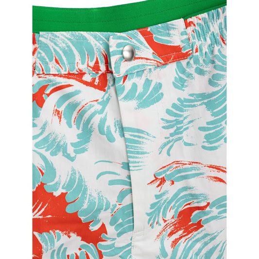 Swim trunks with red and blue floral pattern