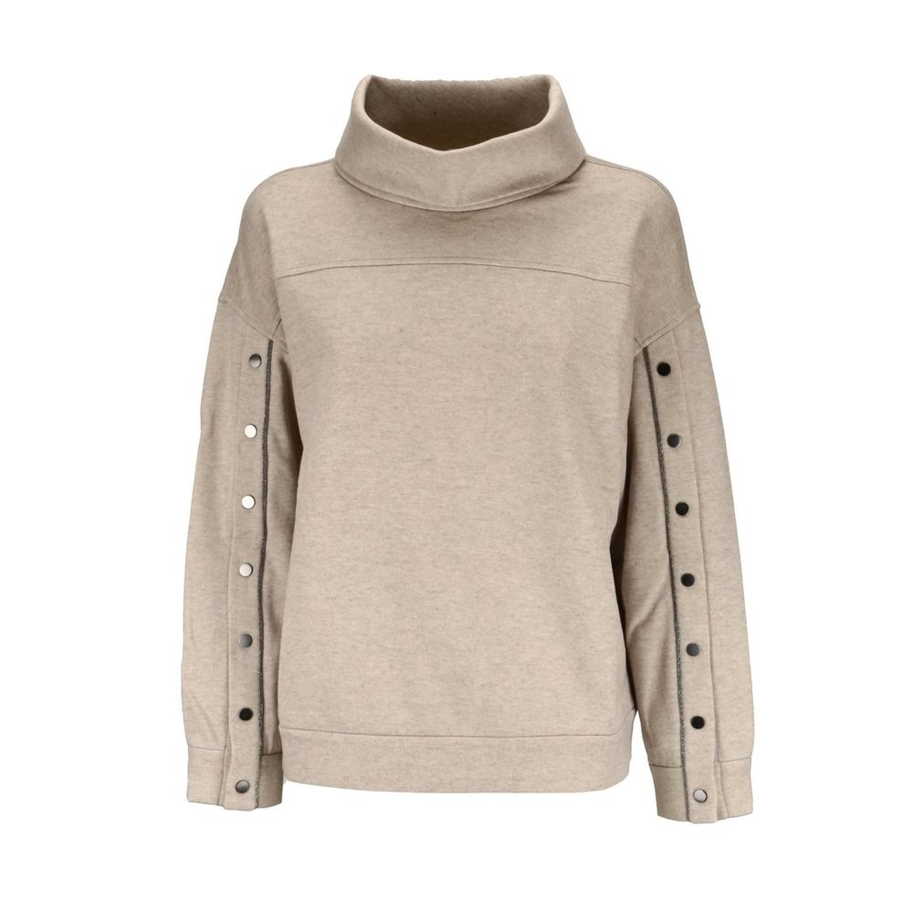 Tan hooded sweatshirt with zipper details on sleeves