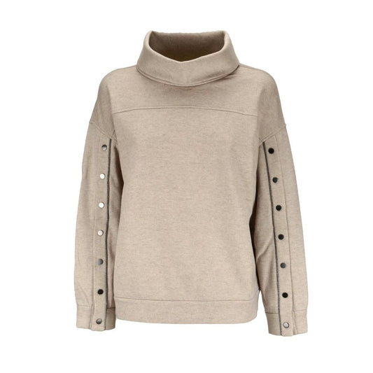 Tan hooded sweatshirt with zipper details on sleeves
