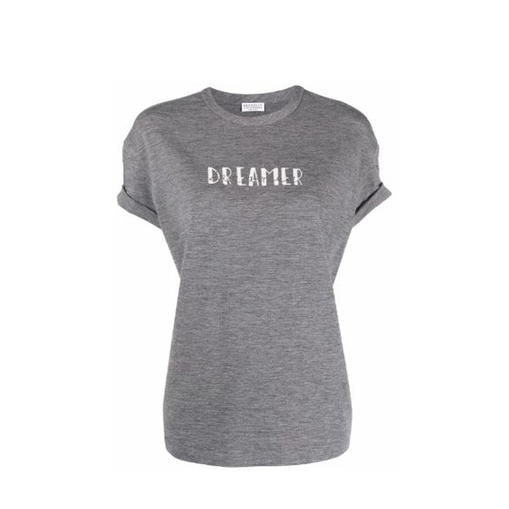 Grey short sleeved t-shirt with white lettering