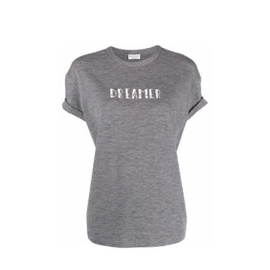 Grey short sleeved t-shirt with white lettering