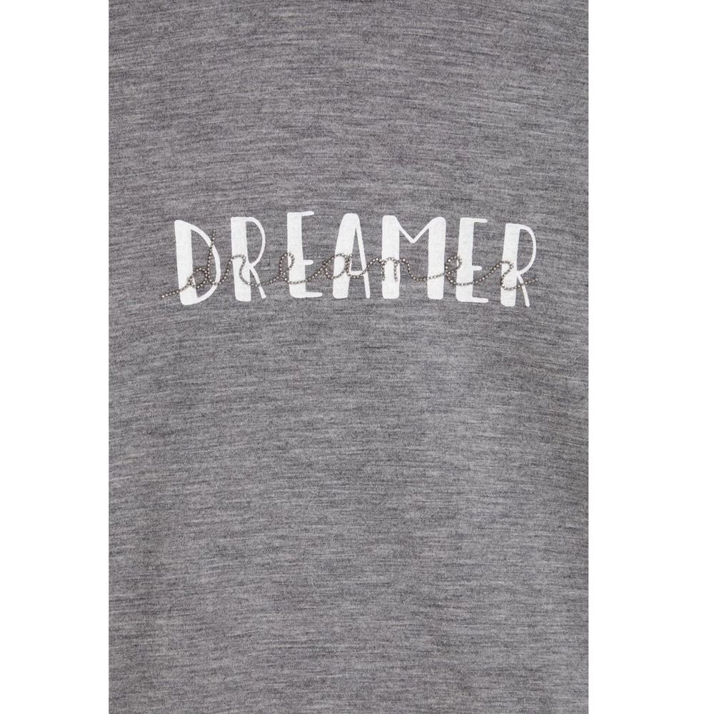 Grey shirt with white lettering that says "DREAMER"