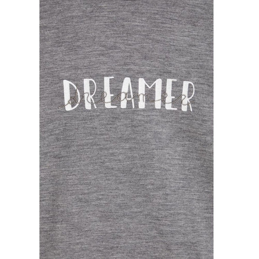 Grey shirt with white lettering that says "DREAMER"