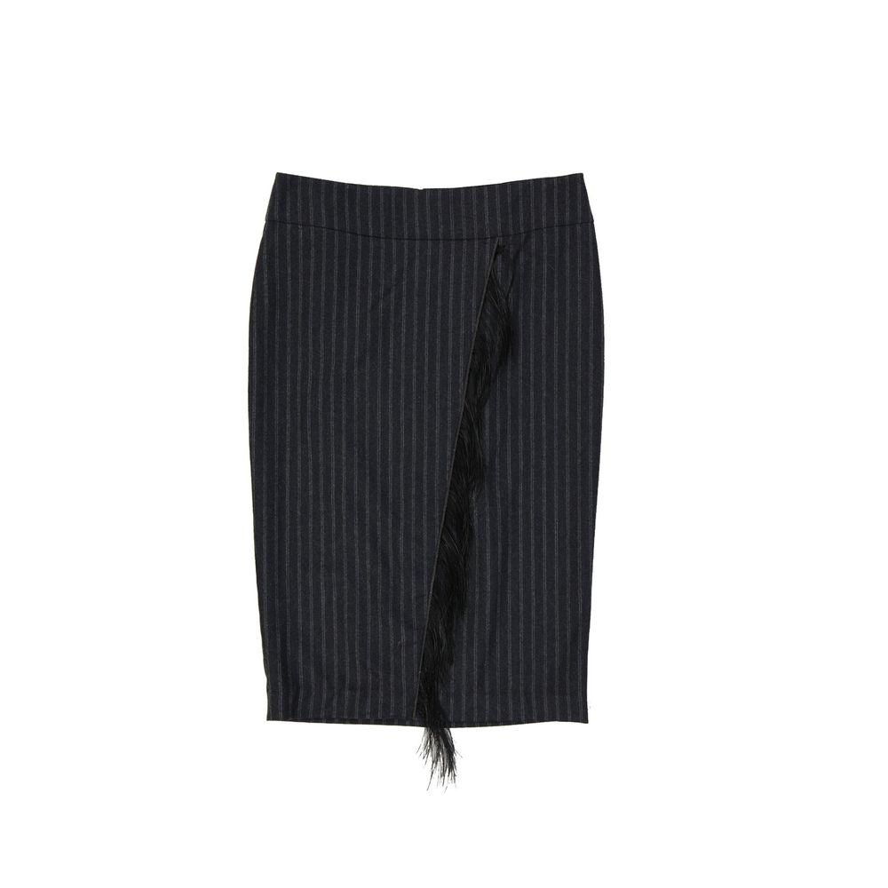 Black pencil skirt with vertical stripes and a fringe hem