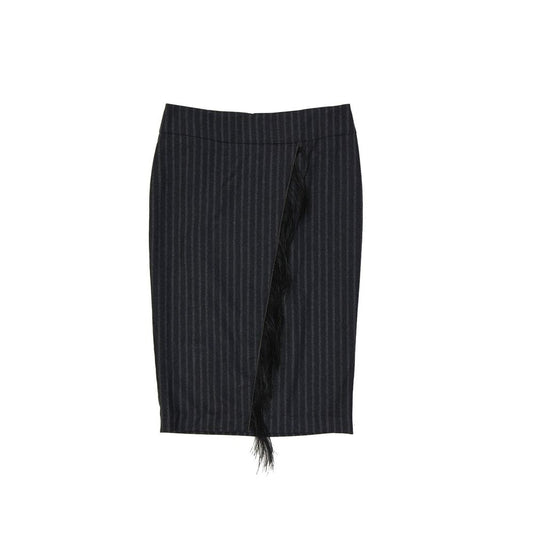 Black pencil skirt with vertical stripes and a fringe hem