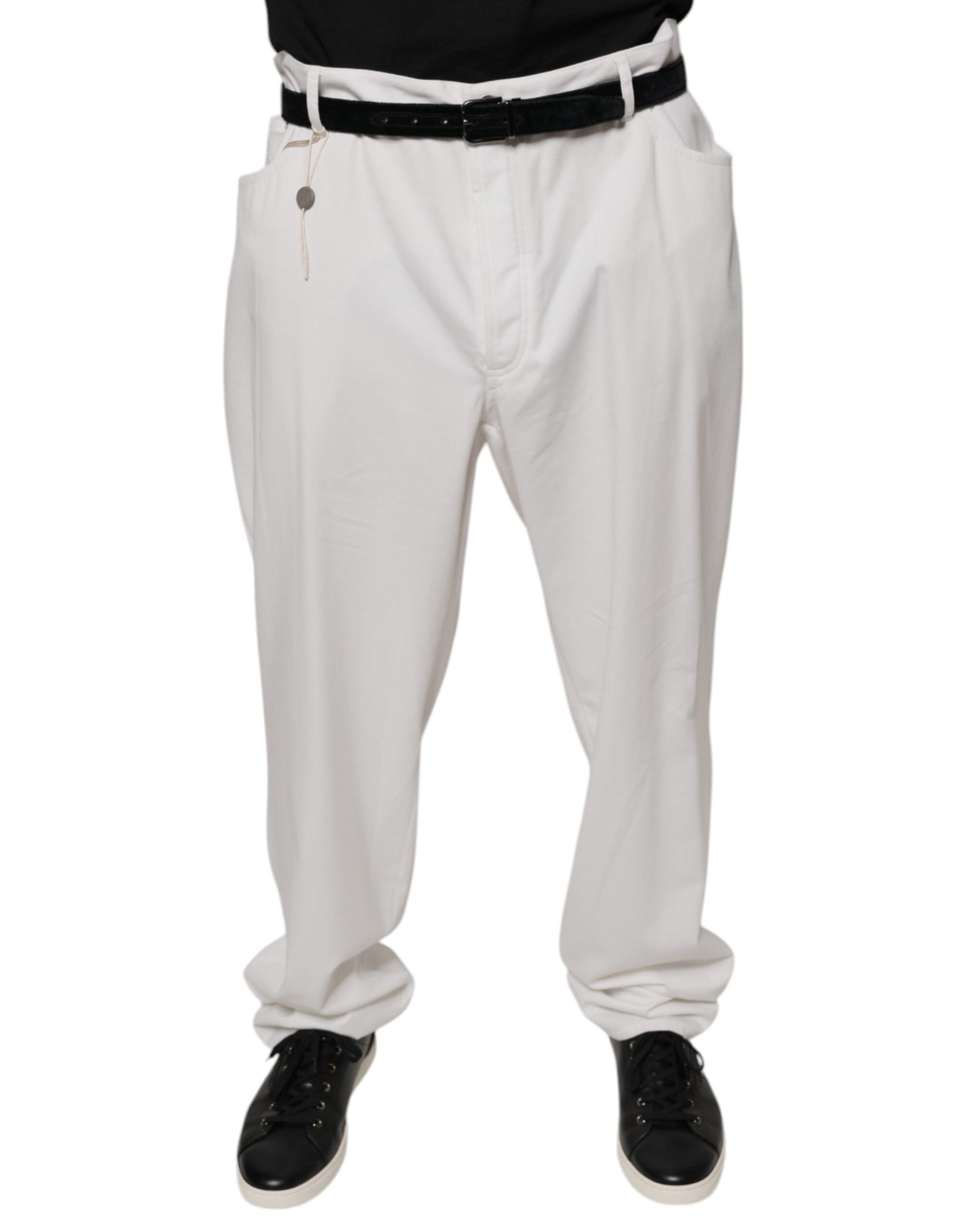 White cotton men's dress pants with elastic waistband and tapered legs